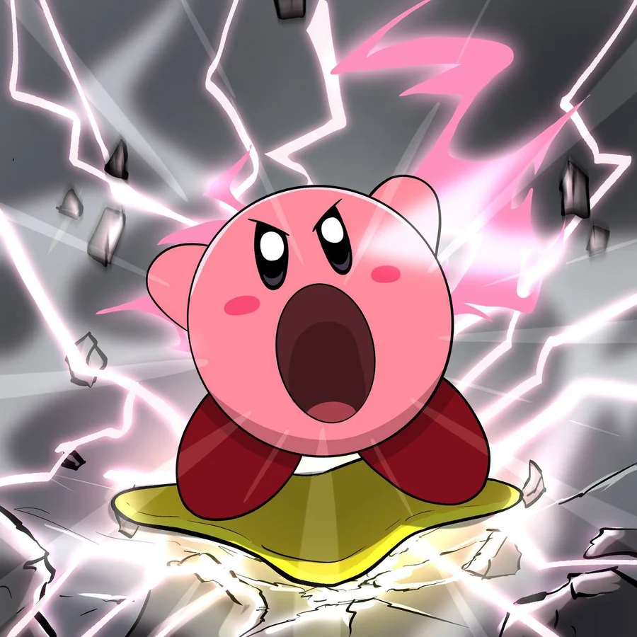 xirby shouting with lightning cracking around him
